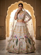 White Organza Lehenga with Heavy Cut Work embroidery close-up