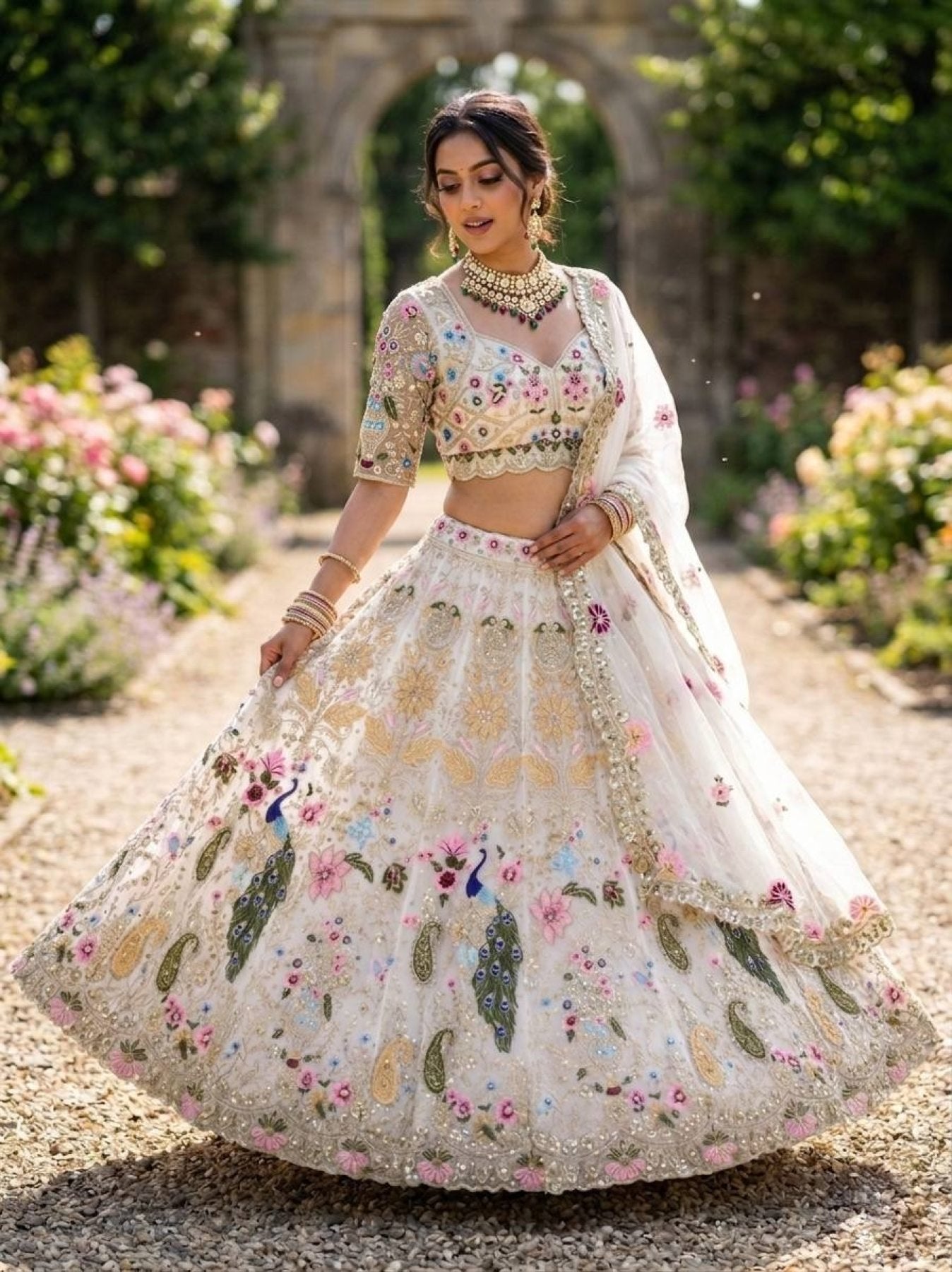 White Organza Lehenga with Heavy Cut Work fabric texture detail