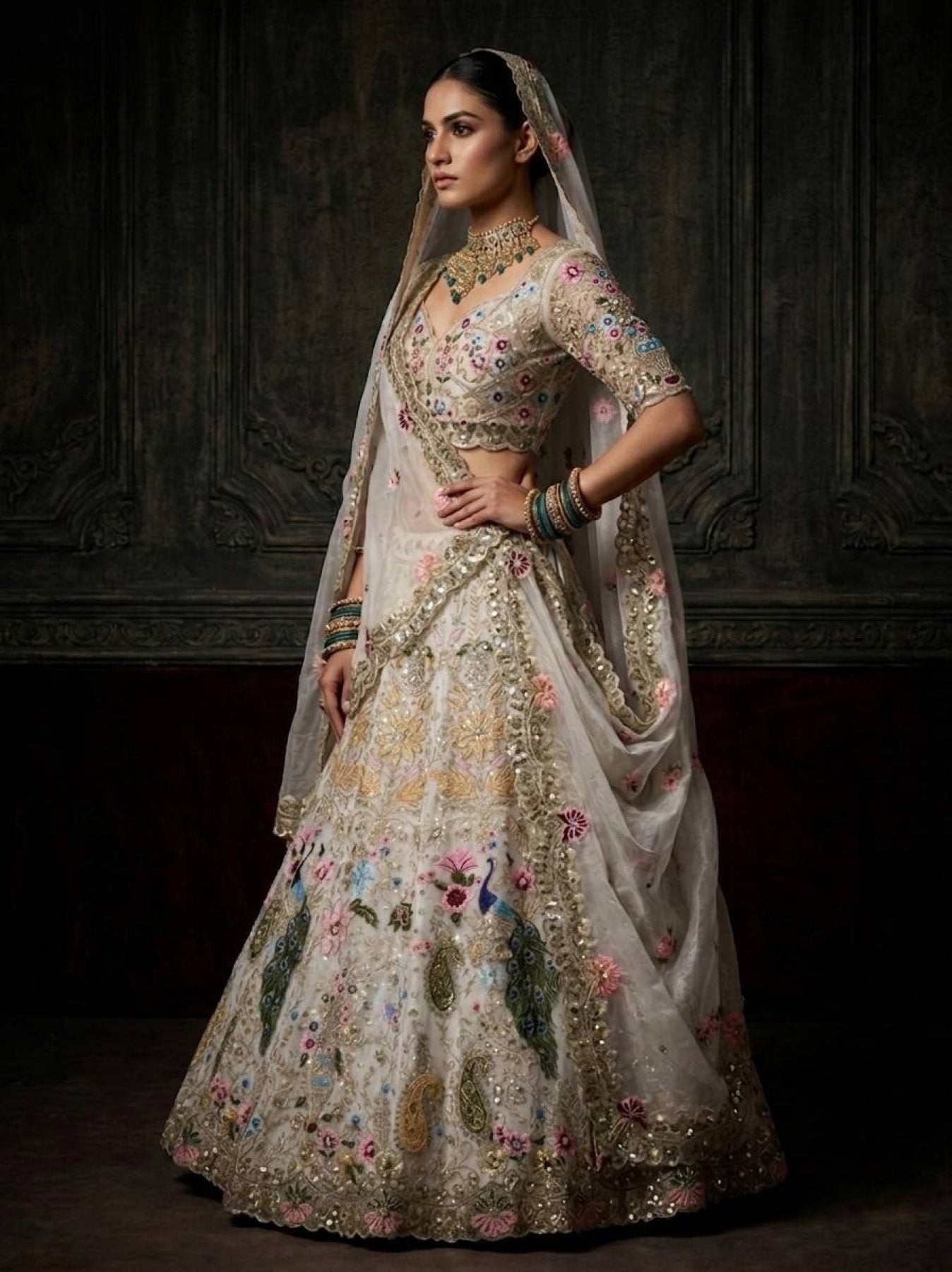 White Organza Lehenga with Heavy Cut Work back view