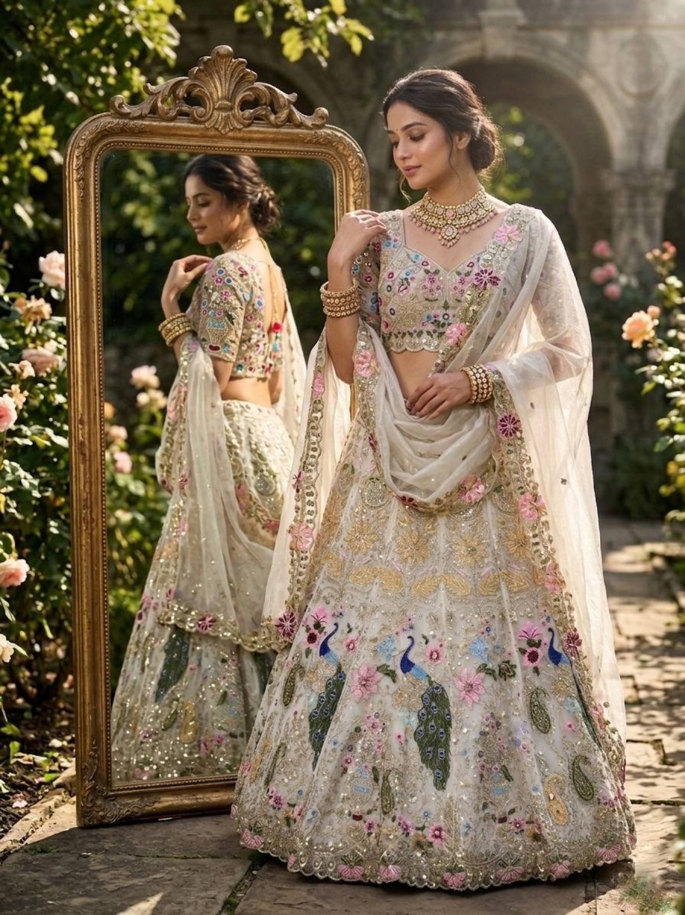 White Organza Lehenga with Heavy Cut Work colour variant view