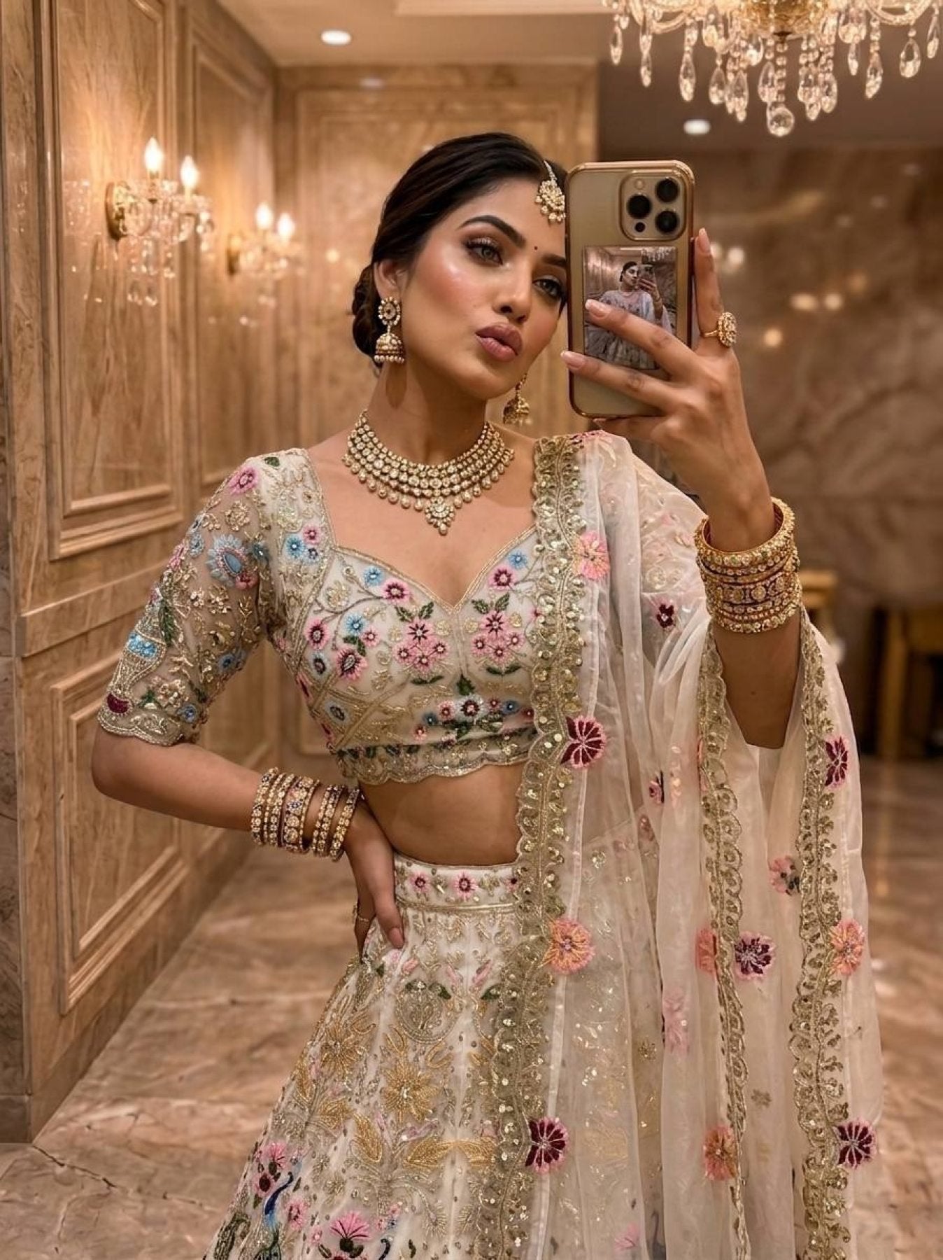 White Organza Lehenga with Heavy Cut Work front view