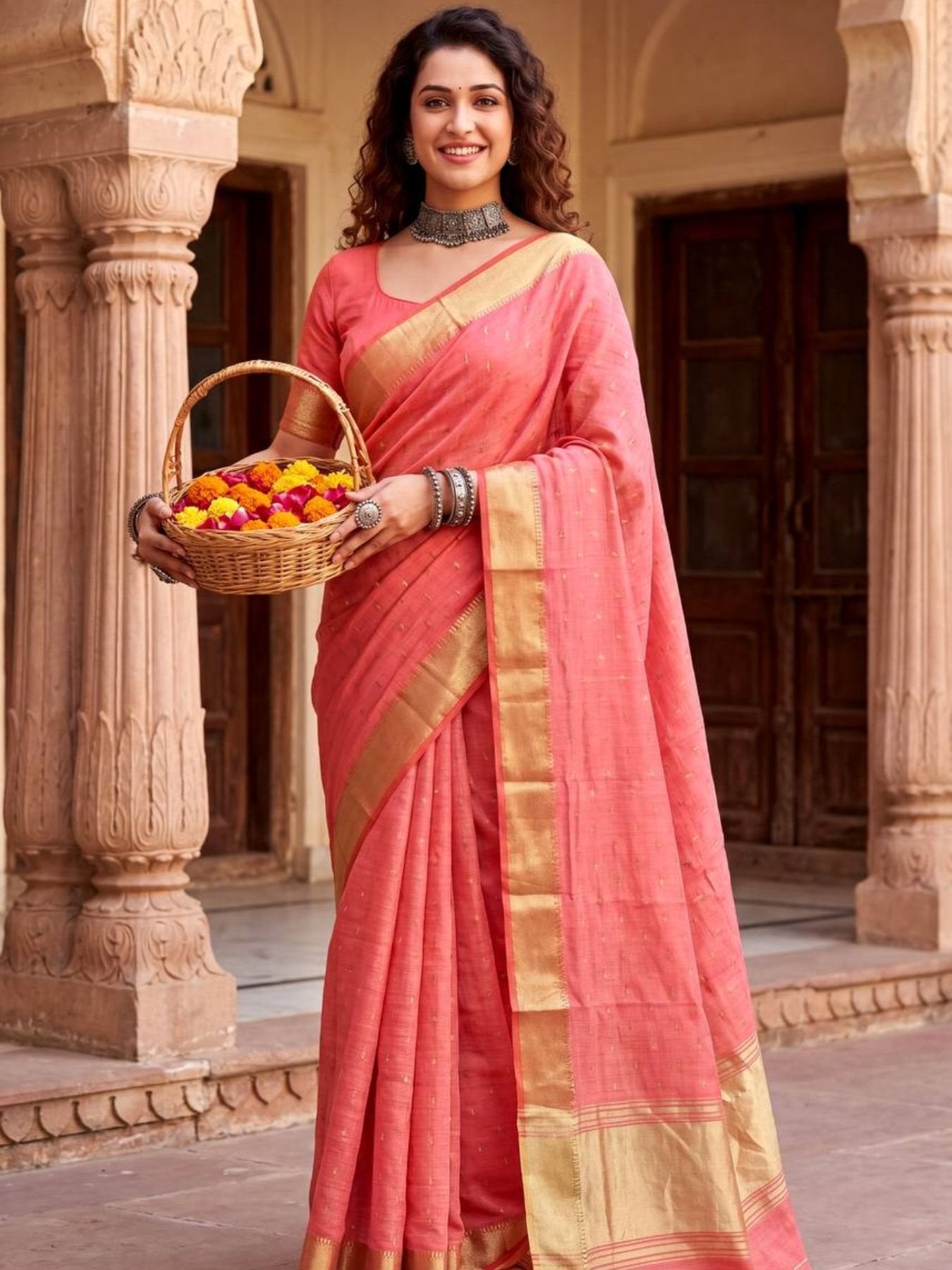 Coral Cotton Saree for women - full front view | Snyvia