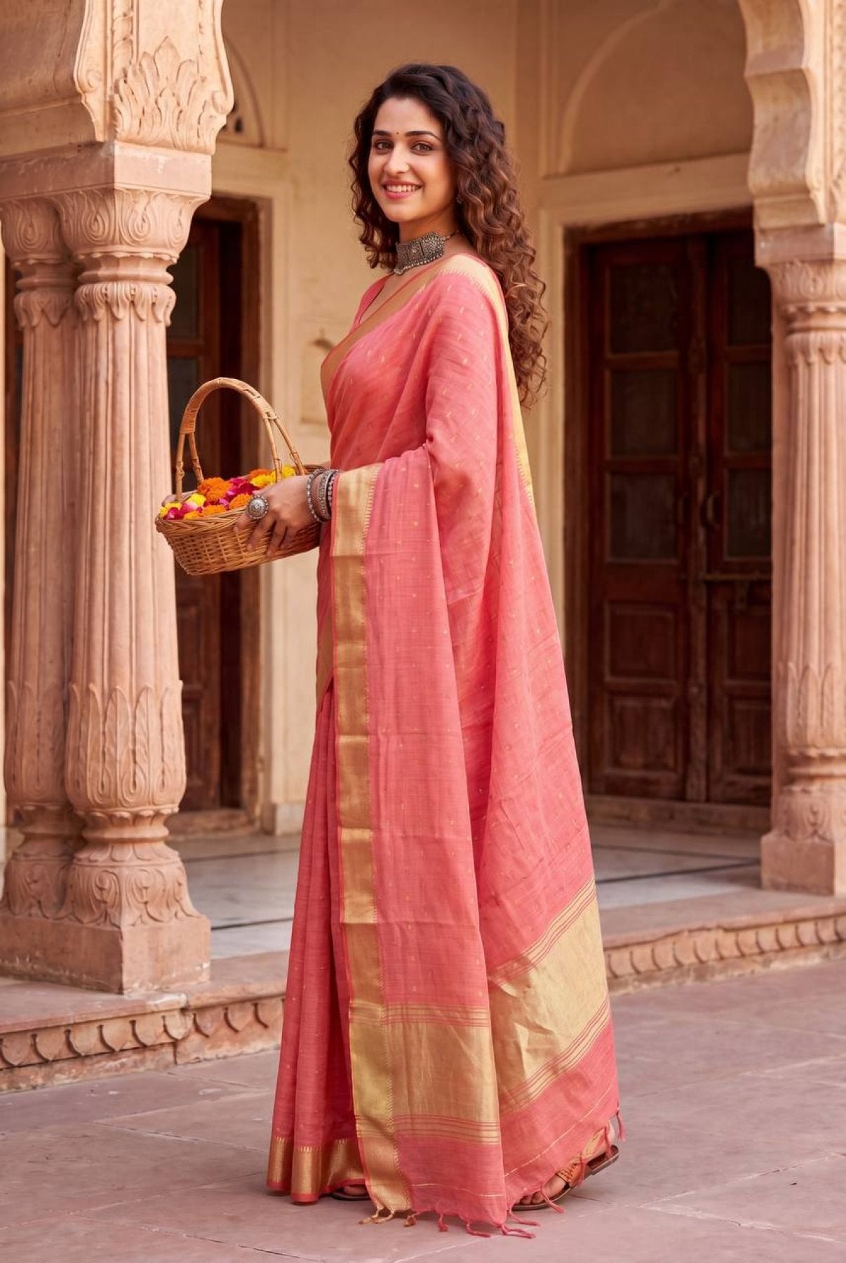 Coral Cotton Saree - drape and pallu detail