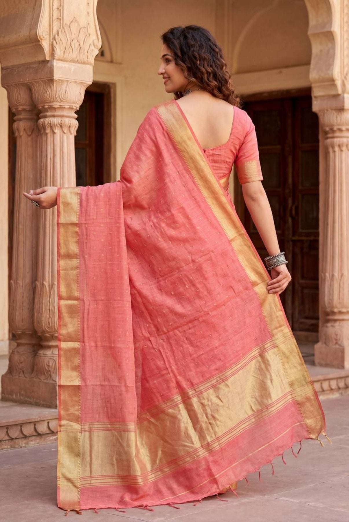 Coral Cotton Saree - side drape view