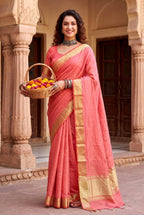 Coral Cotton Saree - blouse and border close-up