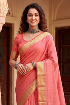 Coral Cotton Saree - fabric texture close-up