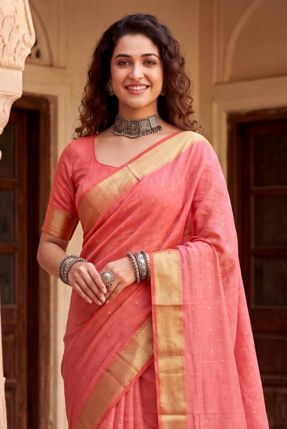 Coral Cotton Saree - fabric texture close-up