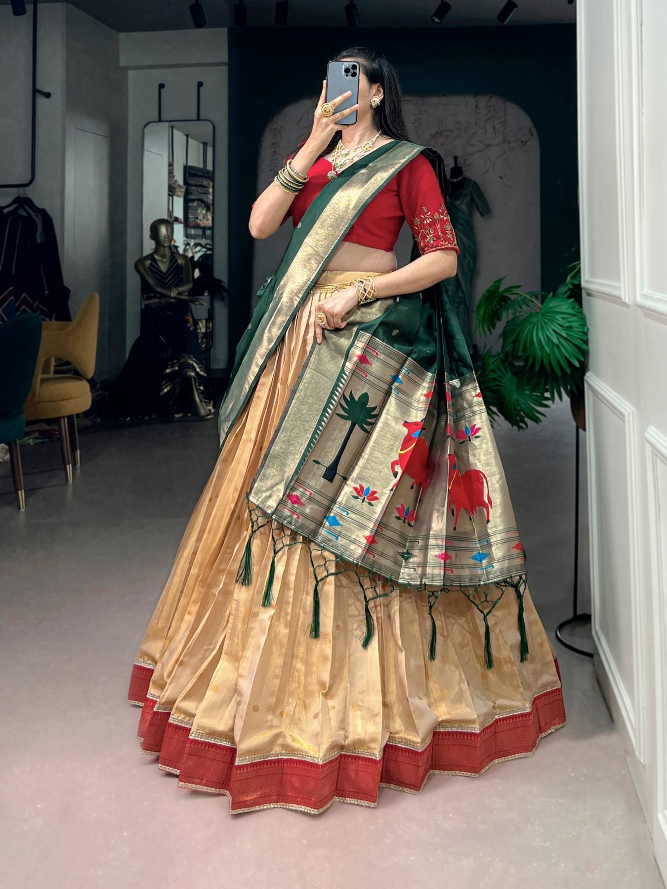 Kanchipuram Silk Paithani Lehenga with Zari Weaving and Banglory Blouse colour variant view