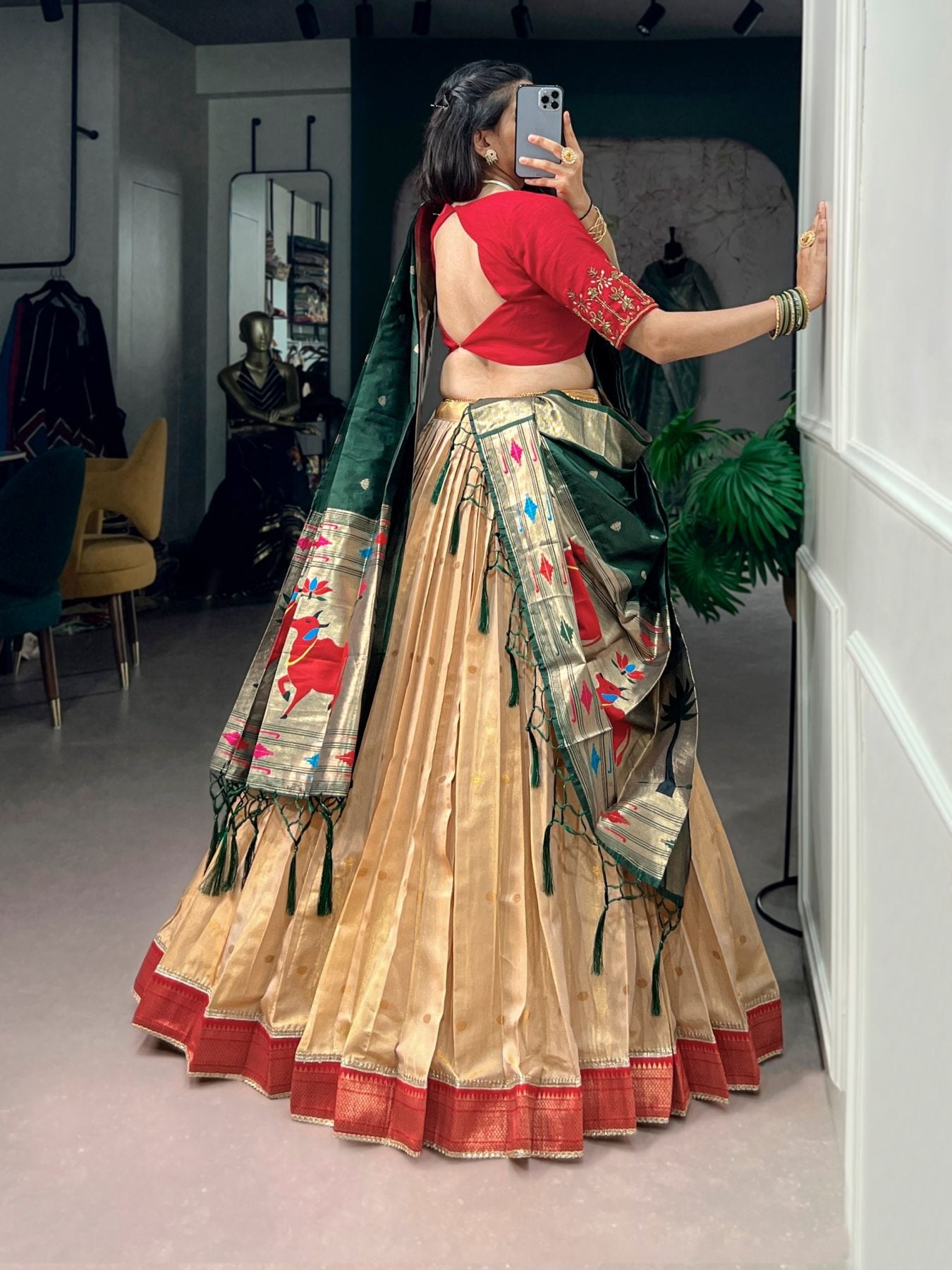 Kanchipuram Silk Paithani Lehenga with Zari Weaving and Banglory Blouse front view