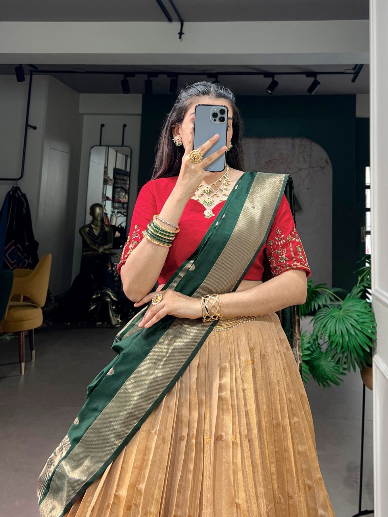 Kanchipuram Silk Paithani Lehenga with Zari Weaving and Banglory Blouse full drape view