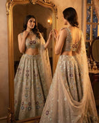 Cream Butterfly Net Lehenga Choli with Heavy Embroidery Work and Net Dupatta full drape view