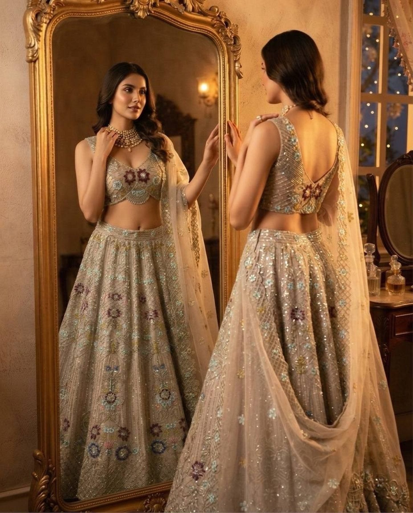 Cream Butterfly Net Lehenga Choli with Heavy Embroidery Work and Net Dupatta full drape view