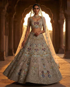 Cream Butterfly Net Lehenga Choli with Heavy Embroidery Work and Net Dupatta blouse and dupatta detail
