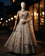 Cream Butterfly Net Lehenga Choli with Heavy Embroidery Work and Net Dupatta styling view