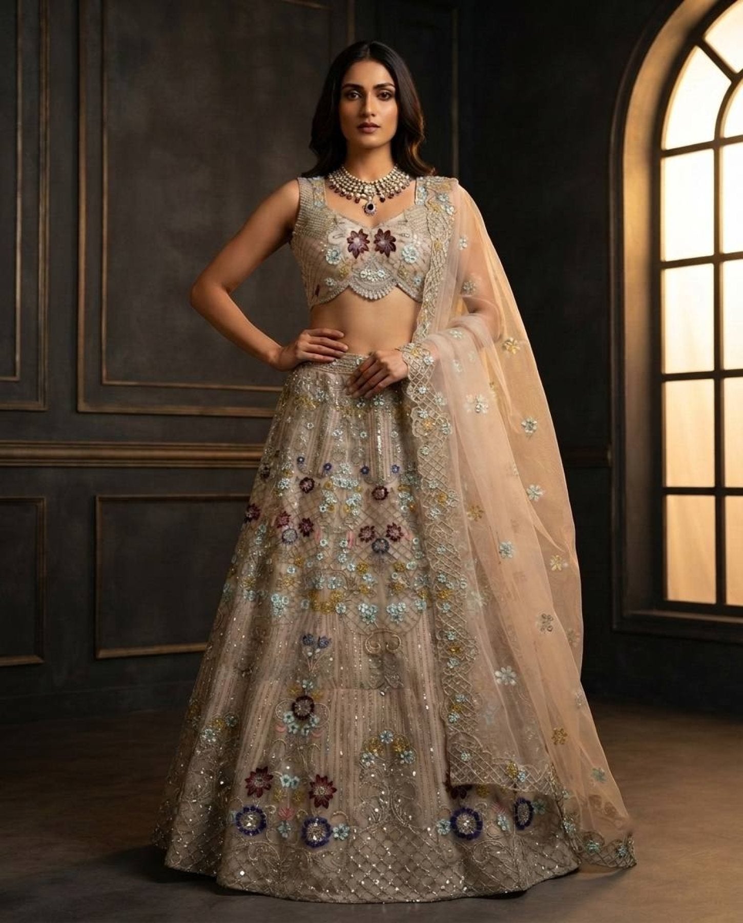Cream Butterfly Net Lehenga Choli with Heavy Embroidery Work and Net Dupatta colour variant view