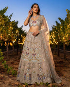 Cream Butterfly Net Lehenga Choli with Heavy Embroidery Work and Net Dupatta full drape view