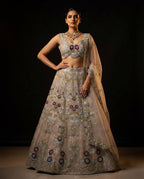 Cream Butterfly Net Lehenga Choli with Heavy Embroidery Work and Net Dupatta blouse and dupatta detail
