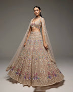Cream Butterfly Net Lehenga Choli with Heavy Embroidery Work and Net Dupatta full drape view