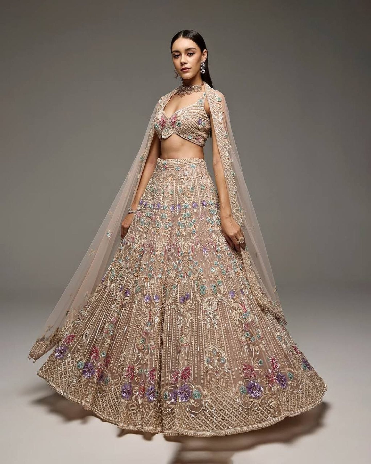 Cream Butterfly Net Lehenga Choli with Heavy Embroidery Work and Net Dupatta full drape view