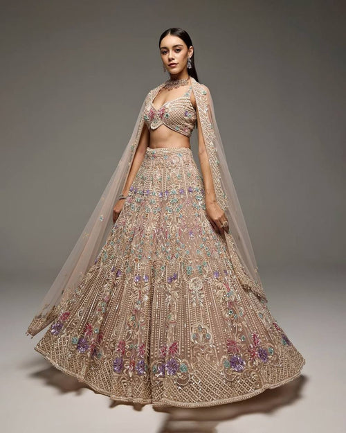 Cream Butterfly Net Lehenga Choli with Heavy Embroidery Work and Net Dupatta full drape view