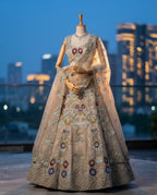 Cream Butterfly Net Lehenga Choli with Heavy Embroidery Work and Net Dupatta detailed view
