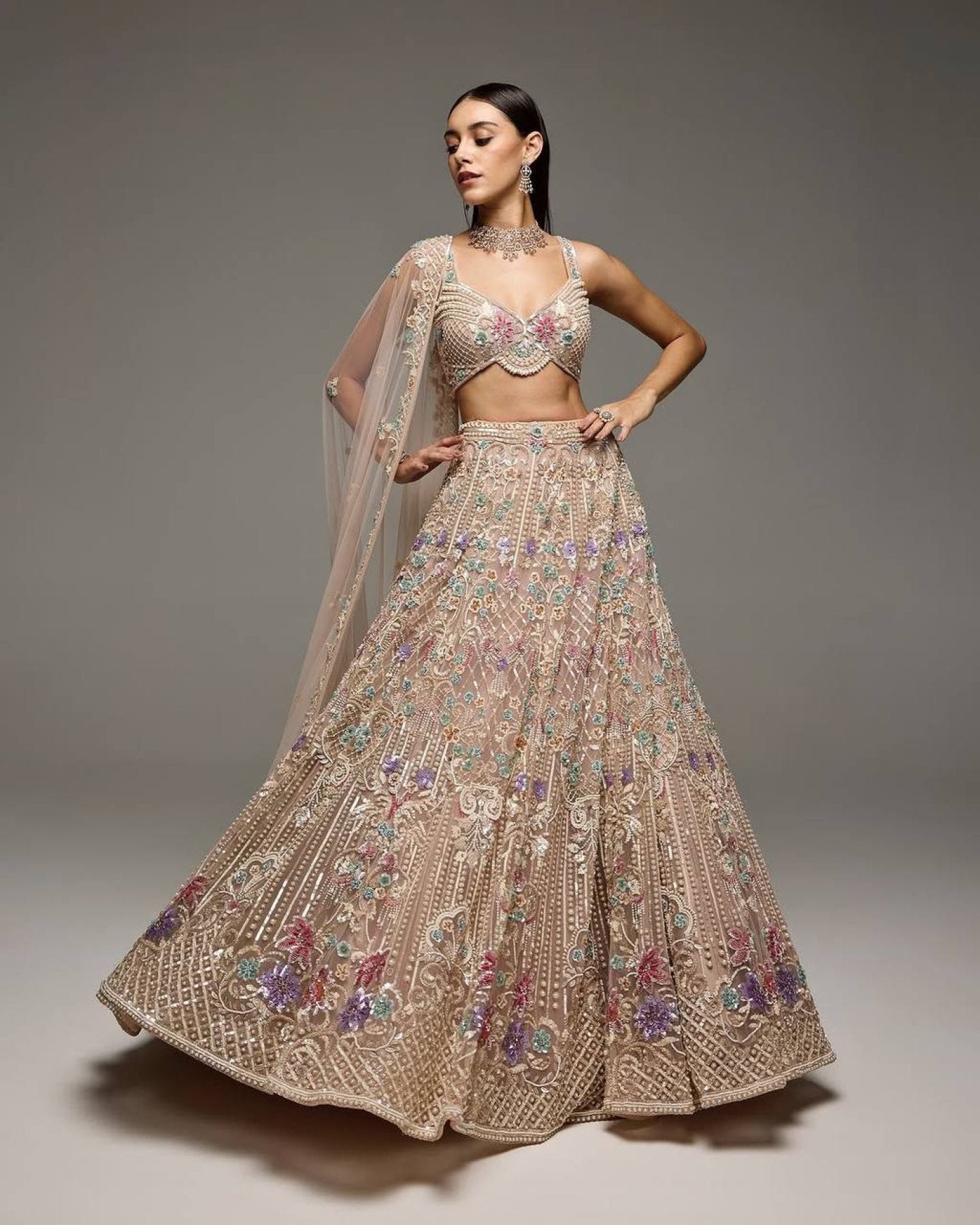 Cream Butterfly Net Lehenga Choli with Heavy Embroidery Work and Net Dupatta blouse and dupatta detail