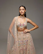 Cream Butterfly Net Lehenga Choli with Heavy Embroidery Work and Net Dupatta detailed view