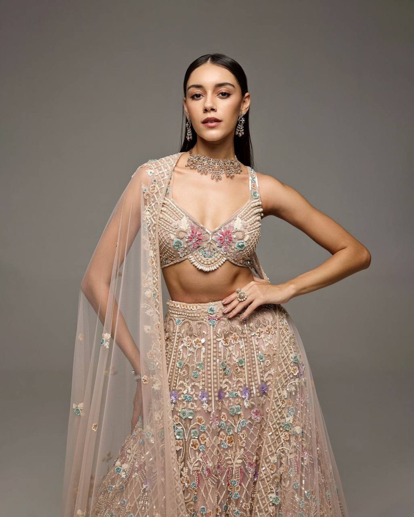 Cream Butterfly Net Lehenga Choli with Heavy Embroidery Work and Net Dupatta detailed view