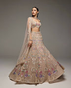 Cream Butterfly Net Lehenga Choli with Heavy Embroidery Work and Net Dupatta fabric texture detail