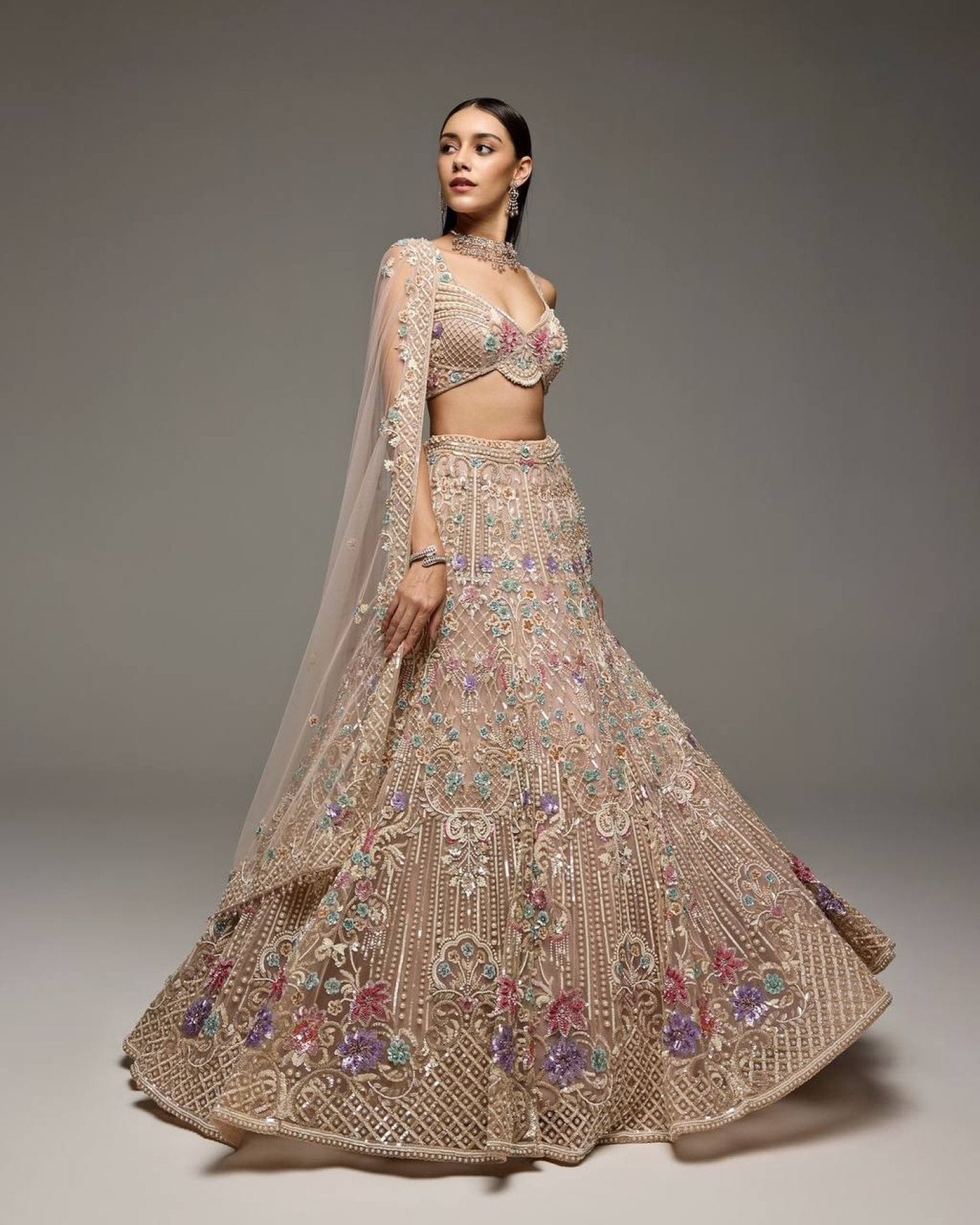 Cream Butterfly Net Lehenga Choli with Heavy Embroidery Work and Net Dupatta fabric texture detail