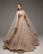 Cream Butterfly Net Lehenga Choli with Heavy Embroidery Work and Net Dupatta back view