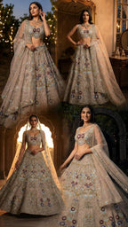 Cream Butterfly Net Lehenga Choli with Heavy Embroidery Work and Net Dupatta colour variant view