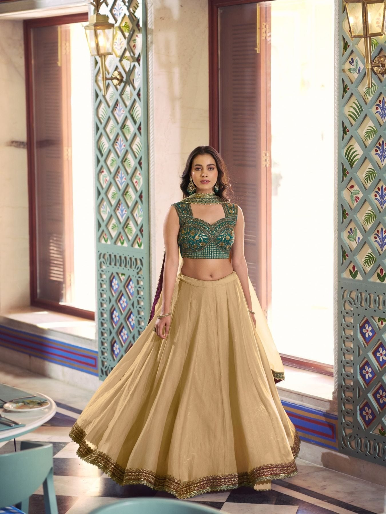 Cream Fendi Lehenga Choli with Thread Work Blouse for women | Snyvia