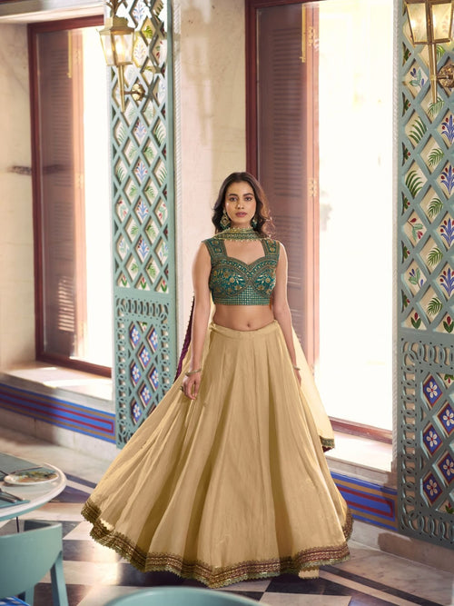 Cream Fendi Lehenga Choli with Thread Work Blouse for women | Snyvia