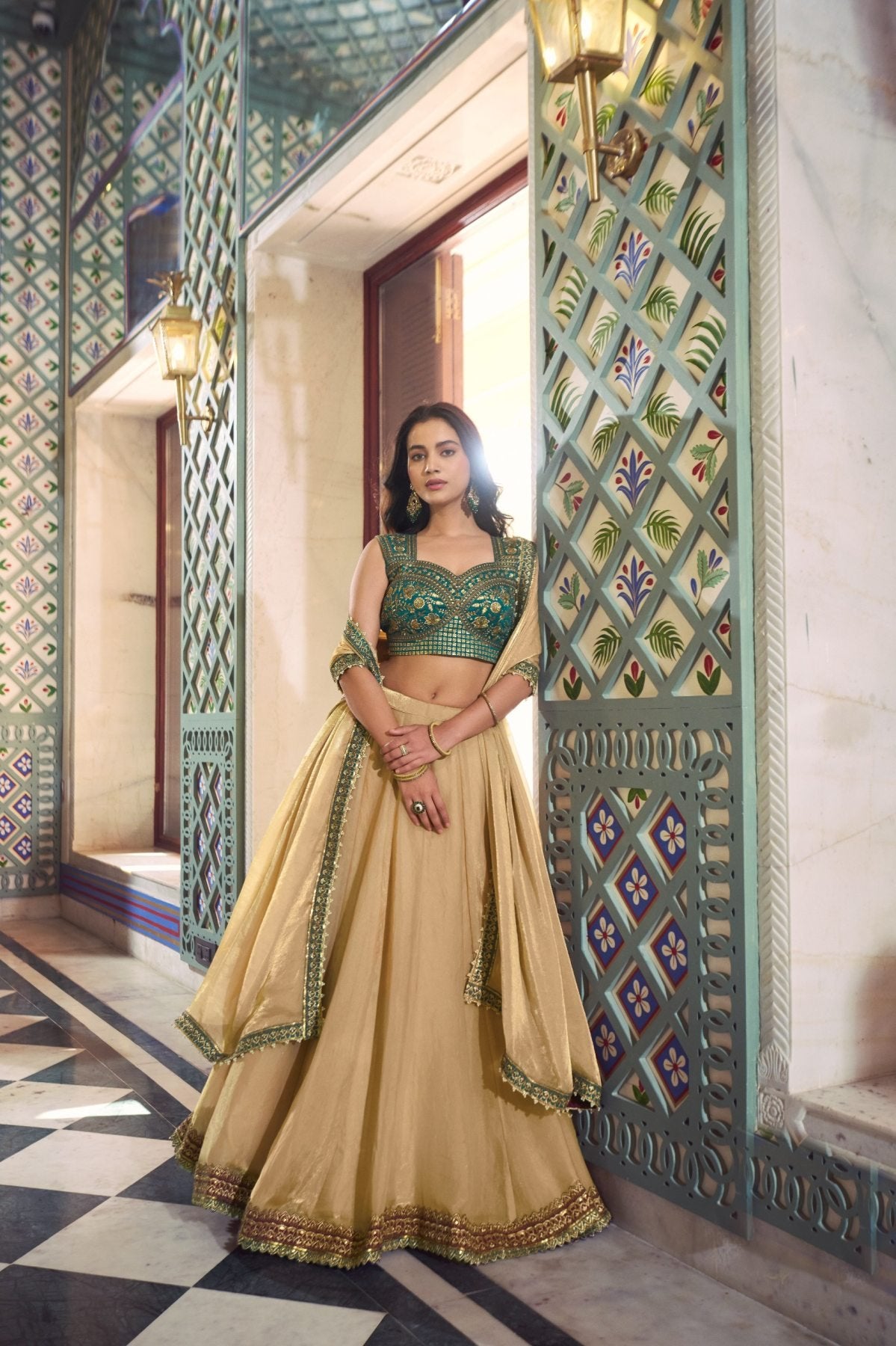 Cream Fendi Lehenga Choli with Thread Work Blouse full drape view