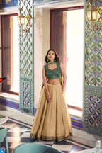 Cream Fendi Lehenga Choli with Thread Work Blouse detailed view