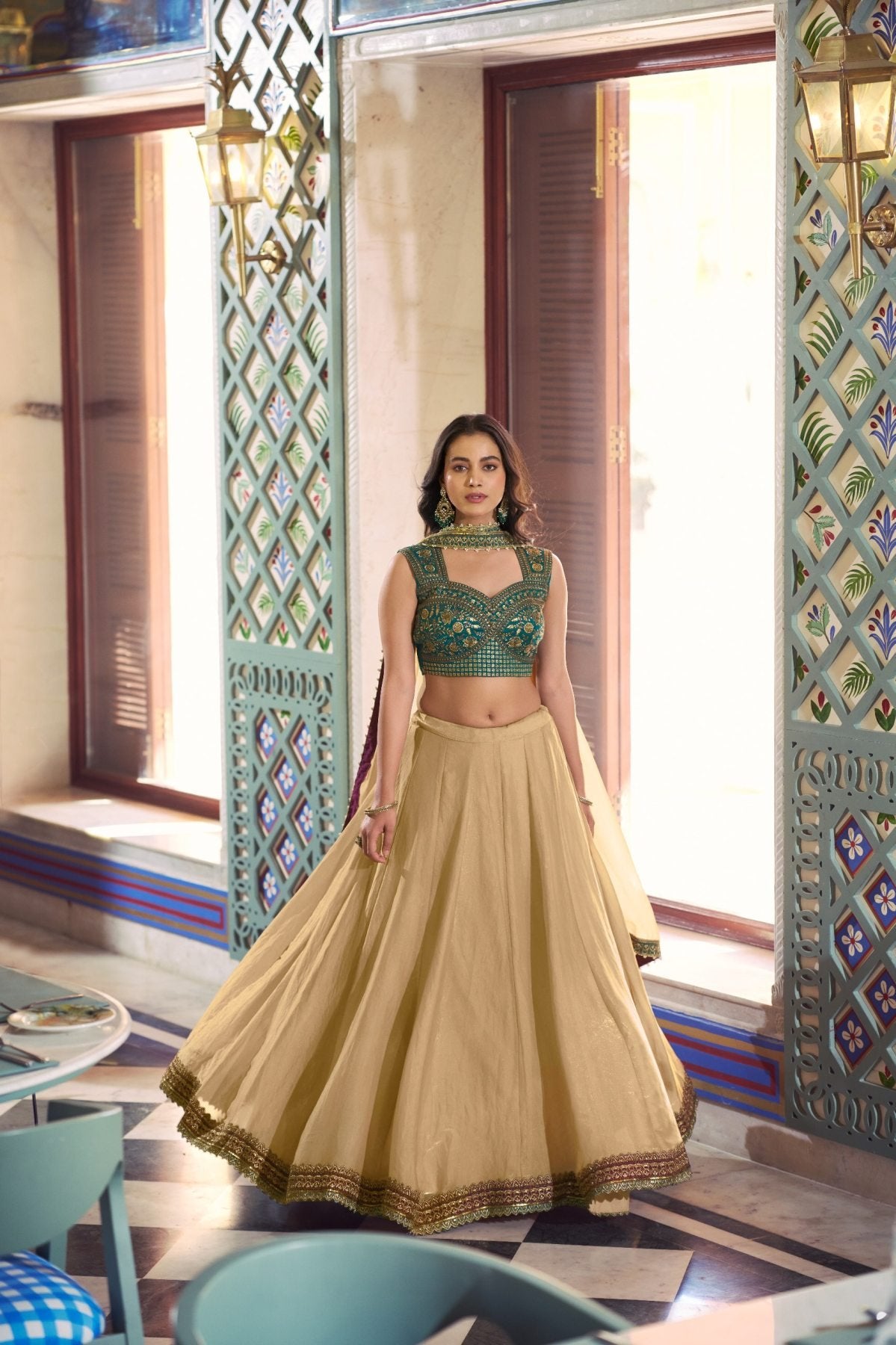 Cream Fendi Lehenga Choli with Thread Work Blouse embroidery close-up