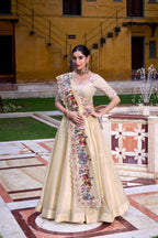 Cream Raspberry Lehenga Choli with Sequins Thread Embroidery and 5 Meter Flair full drape view