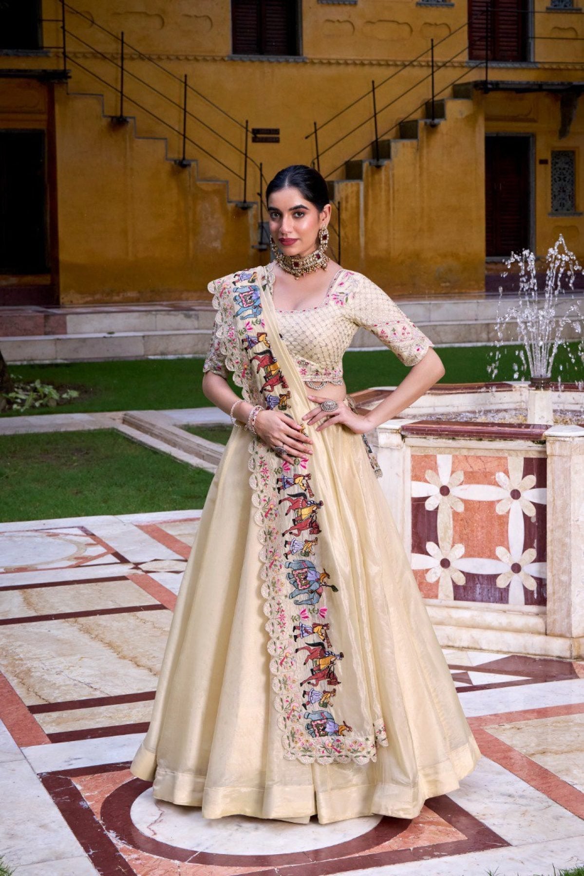Cream Raspberry Lehenga Choli with Sequins Thread Embroidery and 5 Meter Flair full drape view