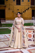 Cream Raspberry Lehenga Choli with Sequins Thread Embroidery and 5 Meter Flair blouse and dupatta detail