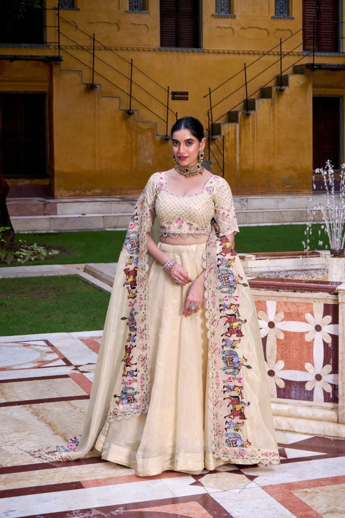Cream Raspberry Lehenga Choli with Sequins Thread Embroidery and 5 Meter Flair blouse and dupatta detail