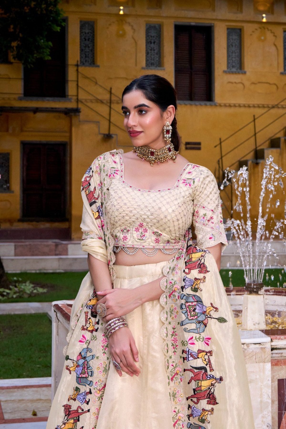 Cream Raspberry Lehenga Choli with Sequins Thread Embroidery and 5 Meter Flair detailed view