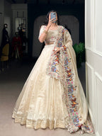 Cream Raspberry Lehenga Choli with Sequins Thread Embroidery and 5 Meter Flair fabric texture detail