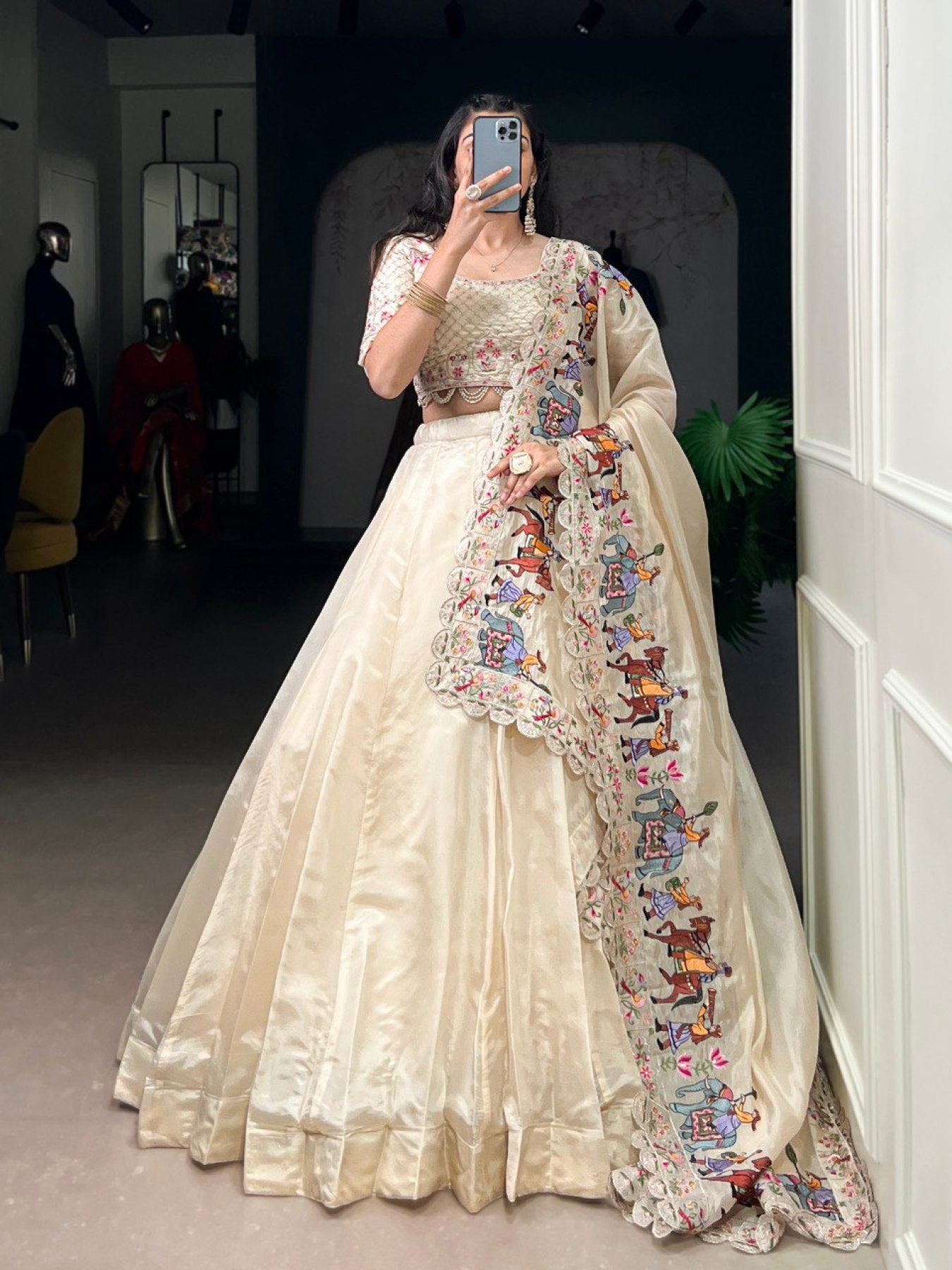 Cream Raspberry Lehenga Choli with Sequins Thread Embroidery and 5 Meter Flair fabric texture detail