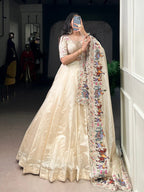 Cream Raspberry Lehenga Choli with Sequins Thread Embroidery and 5 Meter Flair back view