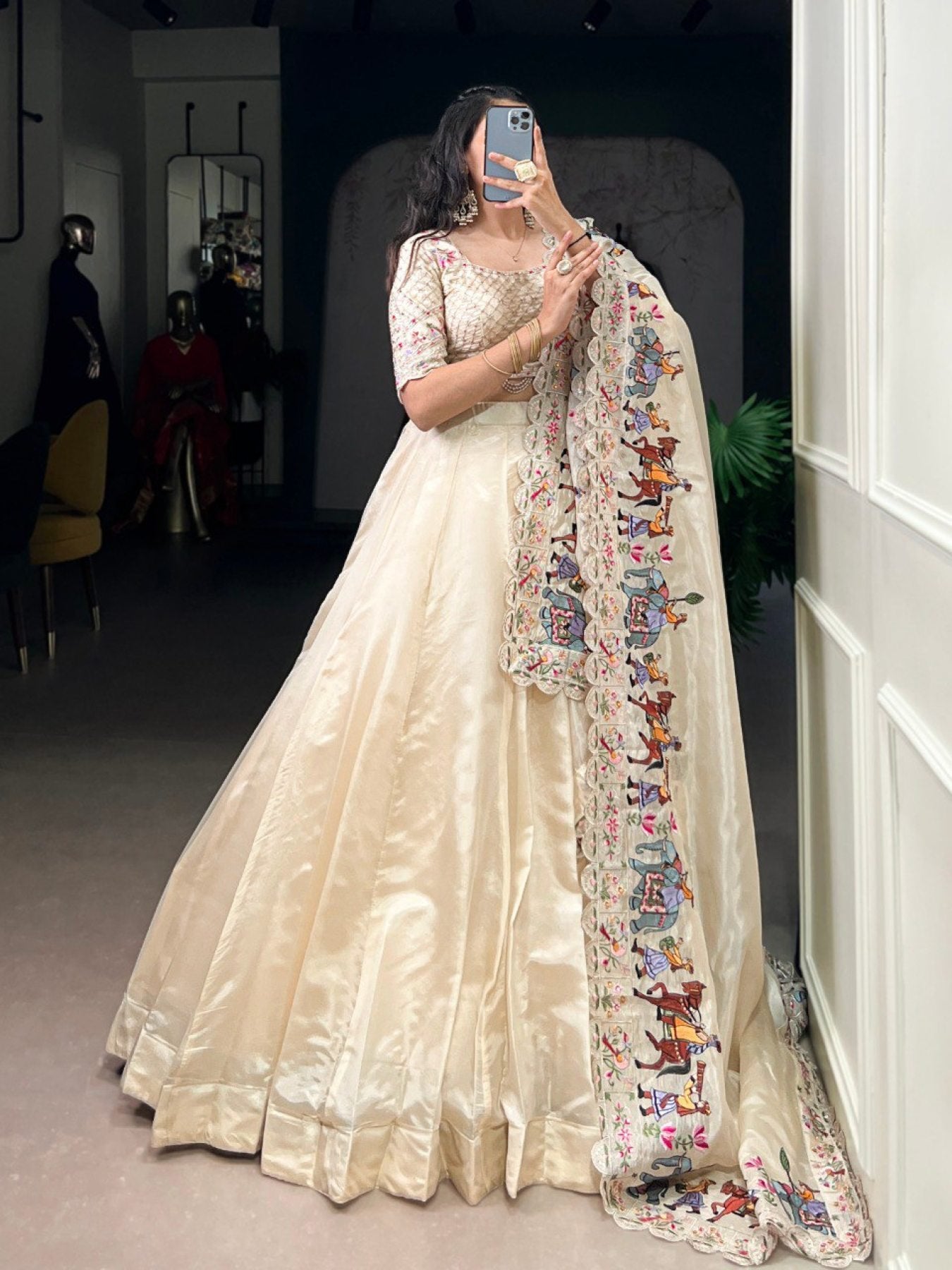 Cream Raspberry Lehenga Choli with Sequins Thread Embroidery and 5 Meter Flair back view