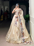 Cream Raspberry Lehenga Choli with Sequins Thread Embroidery and 5 Meter Flair styling view