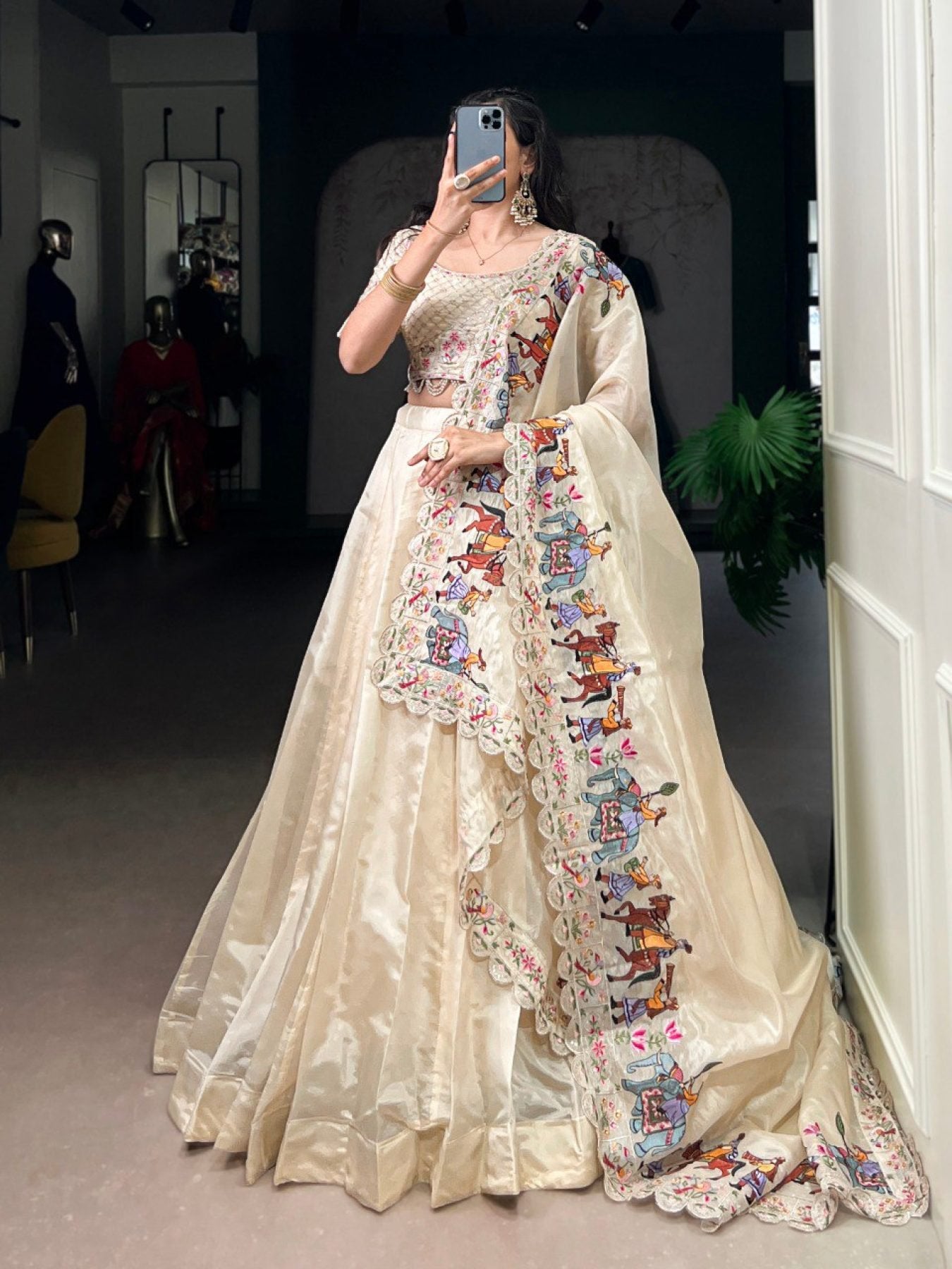 Cream Raspberry Lehenga Choli with Sequins Thread Embroidery and 5 Meter Flair styling view
