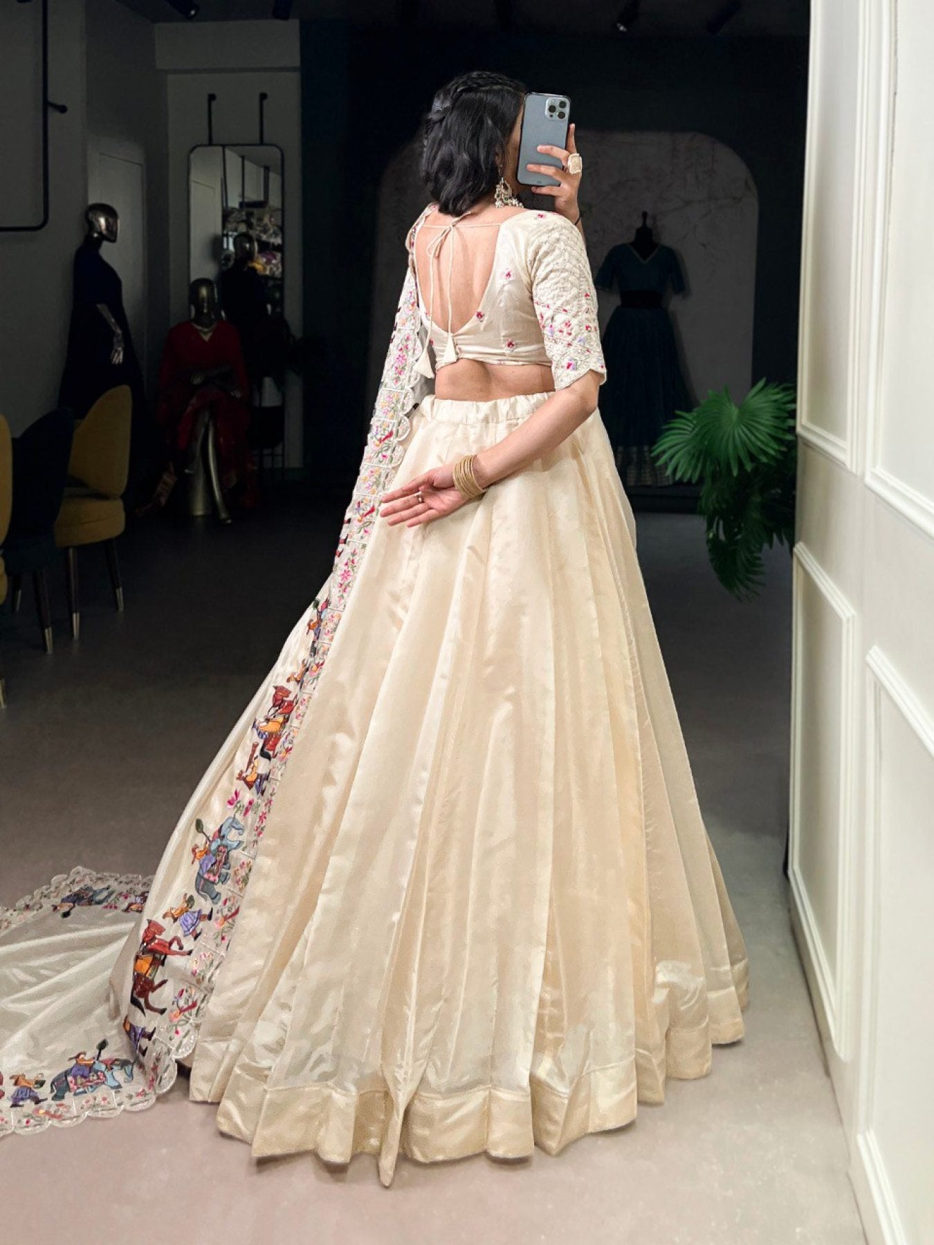 Cream Raspberry Lehenga Choli with Sequins Thread Embroidery and 5 Meter Flair colour variant view