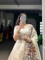 Cream Raspberry Lehenga Choli with Sequins Thread Embroidery and 5 Meter Flair front view